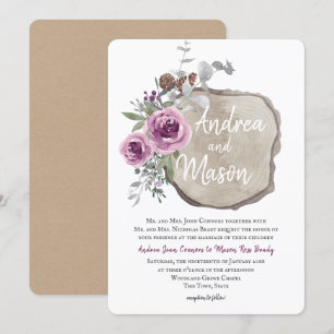 Holz-Slice und Rose Lila und Silber-Hochzeit Einladung