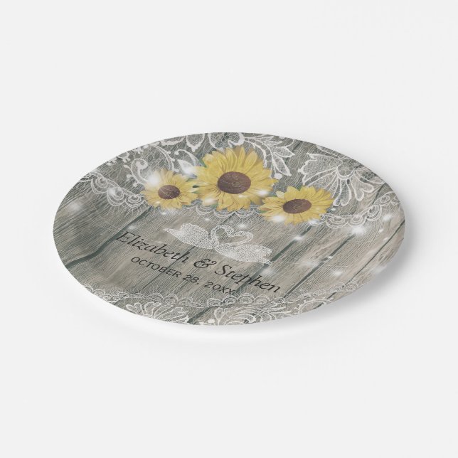 Holz Sonnenblumen Spitzen Lichter Polterabend Pappteller (Schrägansicht)
