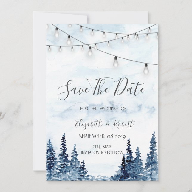 Holz, String Lights, Aquarell Save the Date (Vorderseite)