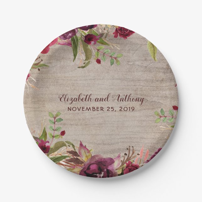 Holz und Burgund Blume Rustikale Hochzeit Pappteller (Vorderseite)
