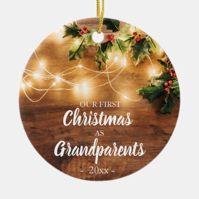 Holz und Licht Erste Weihnachten als Großeltern Keramik Ornament (Vorne)