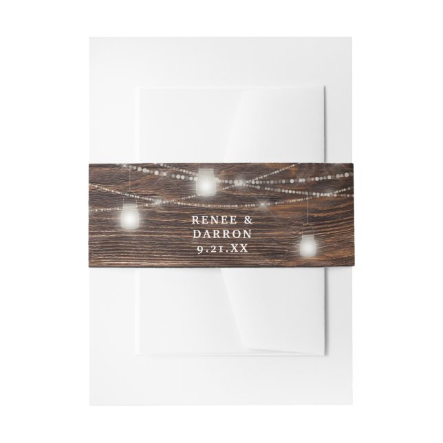 Holz und weiße Mason Jar String Lights Einladungsbanderole (Vorderseite Beispiel)