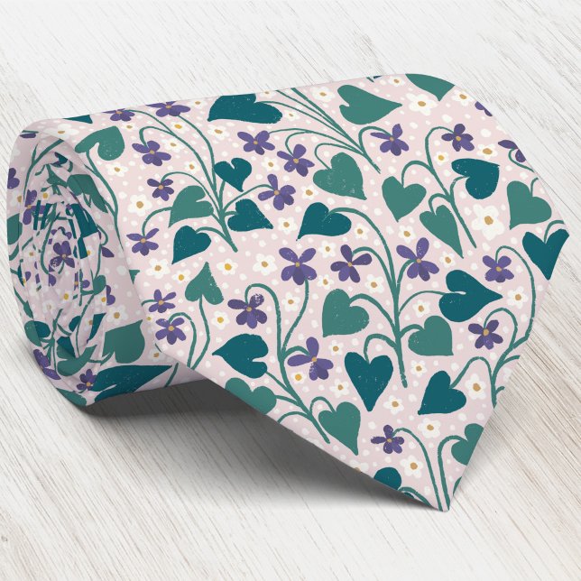 Holz-Veilchen-Anemone-Blumen-Botanischer Blockdruc Krawatte (Wild wood violet flower botanical wildflower pattern in block print style neck tie)