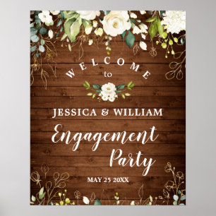 Holz & Weiße Rosen Florales Verlobungsfeier-Schild Poster