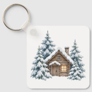 Holzanhänger mit Hütte im schneebedeckten Wald Schlüsselanhänger