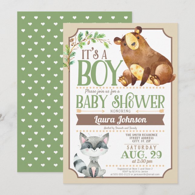 Holzbär & Raccoon Boy Baby Dusche Einladung (Vorne/Hinten)