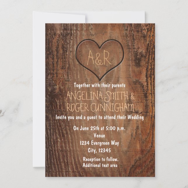 Holzbaum geschnitztes Herz Rustikale Hochzeitseinl Einladung (Vorderseite)