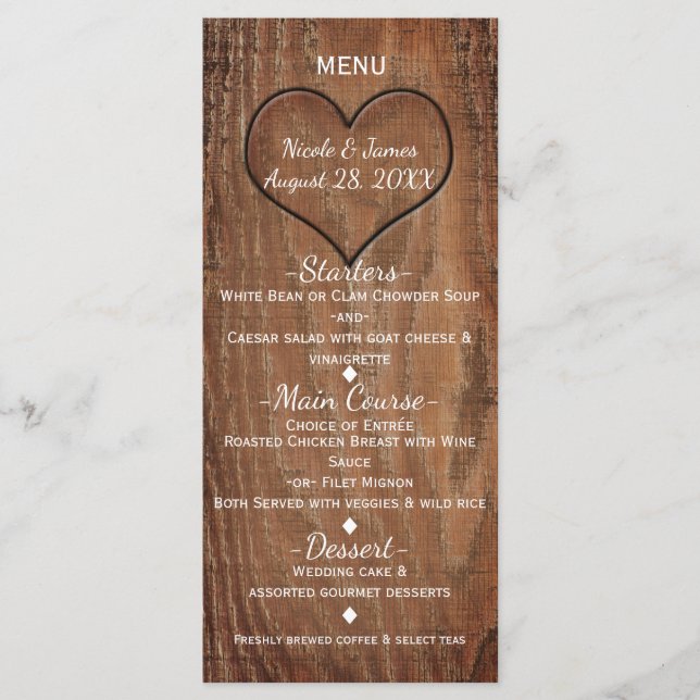 Holzbaum im Herzen Rustikales Hochzeitsmenü Menükarte (Vorderseite)
