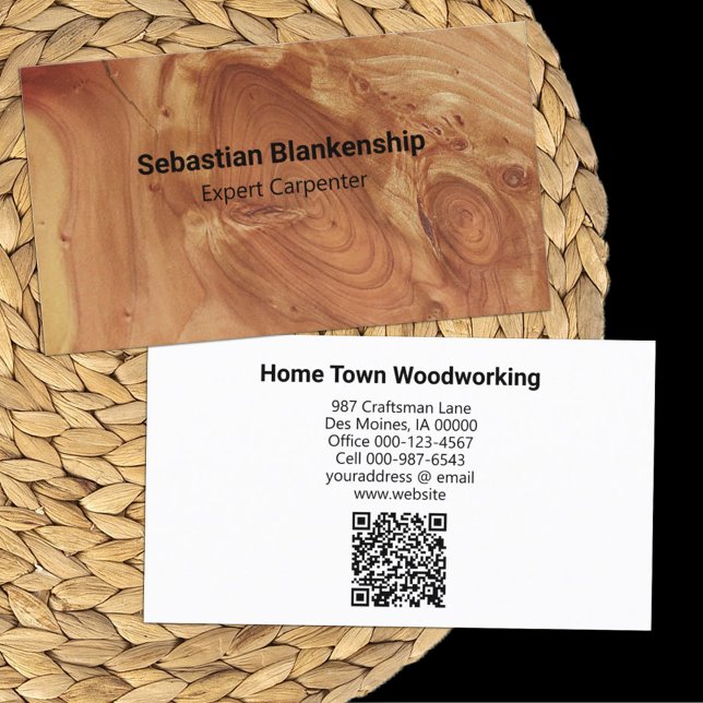 Holzbearbeitungshandwerker Holztextur QR Code Visitenkarte (business card front and back)