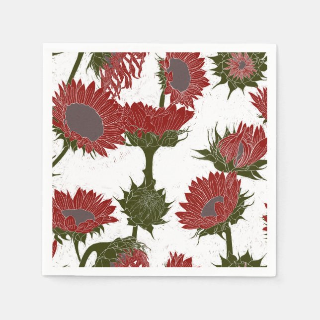 Holzblock Print Sunflower rot Serviette (Vorderseite)