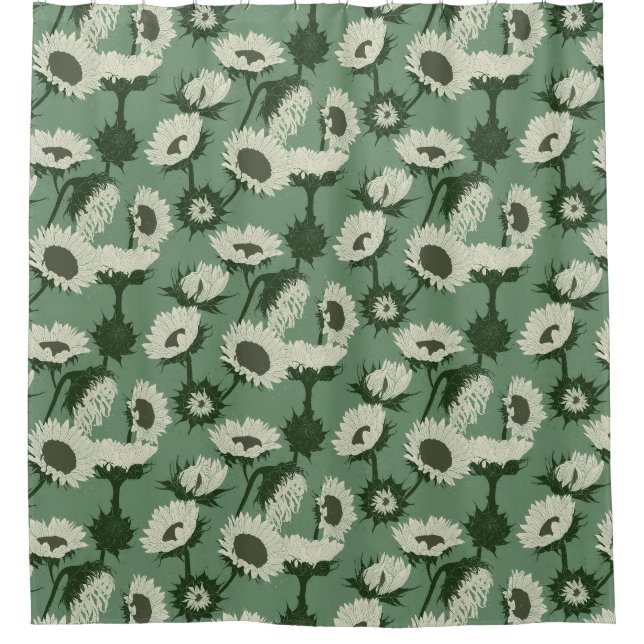 Holzblock Print Sunflower weiß Duschvorhang (Vorderseite)