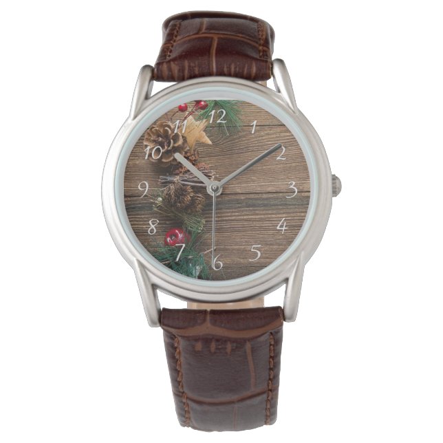 Holzboden mit Kiefernzapfen Armbanduhr (Vorderseite)