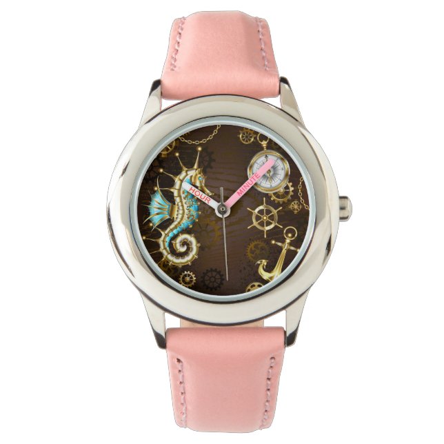 Holzboden mit mechanischem Seepferd Armbanduhr (Vorderseite)