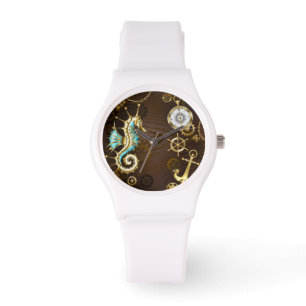 Holzboden mit mechanischem Seepferd Armbanduhr