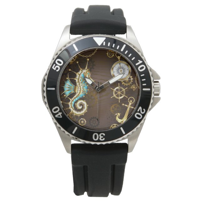 Holzboden mit mechanischem Seepferd Armbanduhr (Vorderseite)