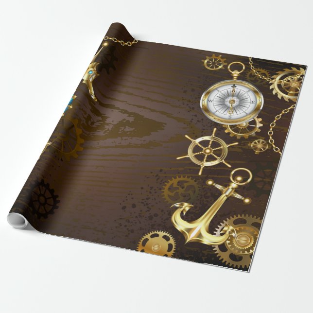 Holzboden mit mechanischem Seepferd Geschenkpapier (Ungerollt)