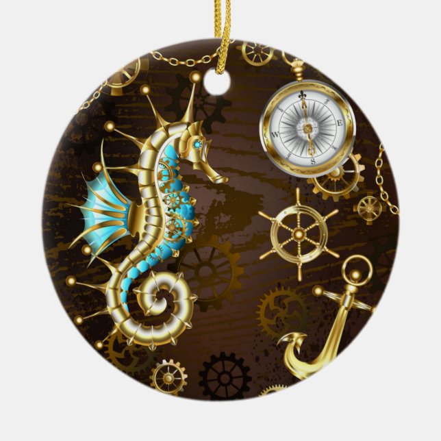 Holzboden mit mechanischem Seepferd Keramik Ornament (Vorne)