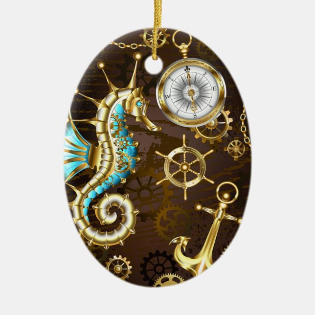 Holzboden mit mechanischem Seepferd Keramik Ornament (Vorne)