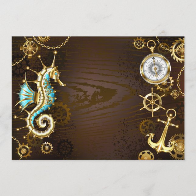 Holzboden mit mechanischem Seepferd Menükarte (Vorderseite)