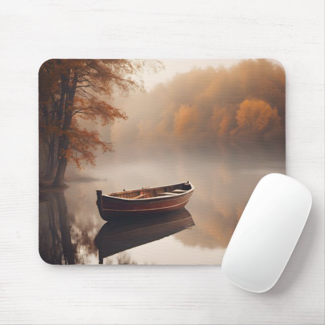 Holzboot auf Herbstsee Mousepad (Mit Mouse)