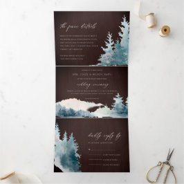 HOLZBROWN BLAUE BERGE PINE WATERCOLOR WEDD DREIFACH GEFALTETE EINLADUNG