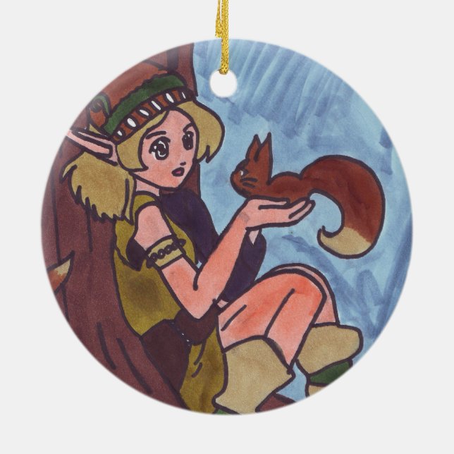 Holzelf mit Eichhörnchen Keramik Ornament (Hinten)