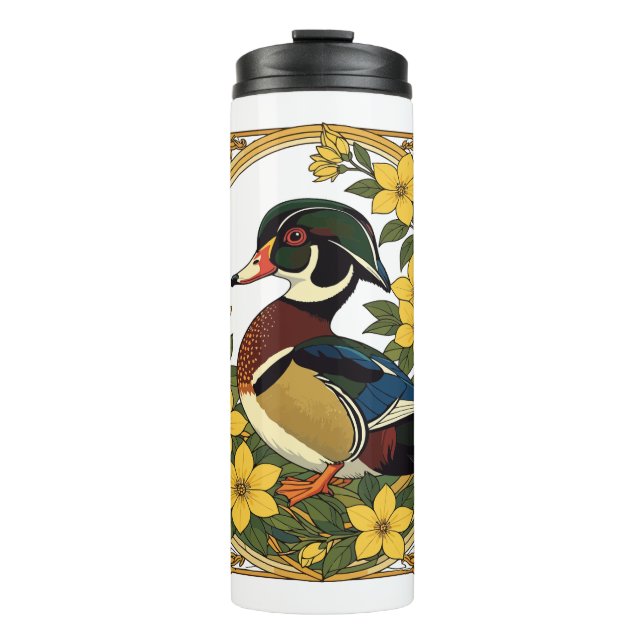 Holzente Aix sponsa und Jasmine Blume Illustrat Thermosbecher (Vorderseite)