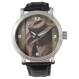 hölzerne Cowboystiefel der Westernlandbraunscheun Armbanduhr