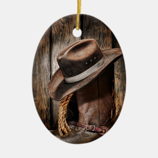 hölzerne Cowboystiefel der Westernlandbraunscheune Keramik Ornament (Vorne)
