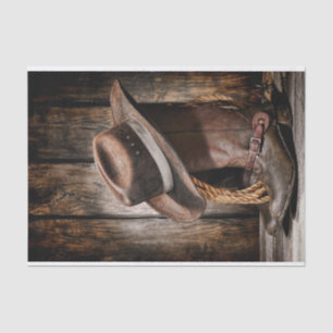 hölzerne Cowboystiefel der Westernlandbraunscheune Seidenpapier
