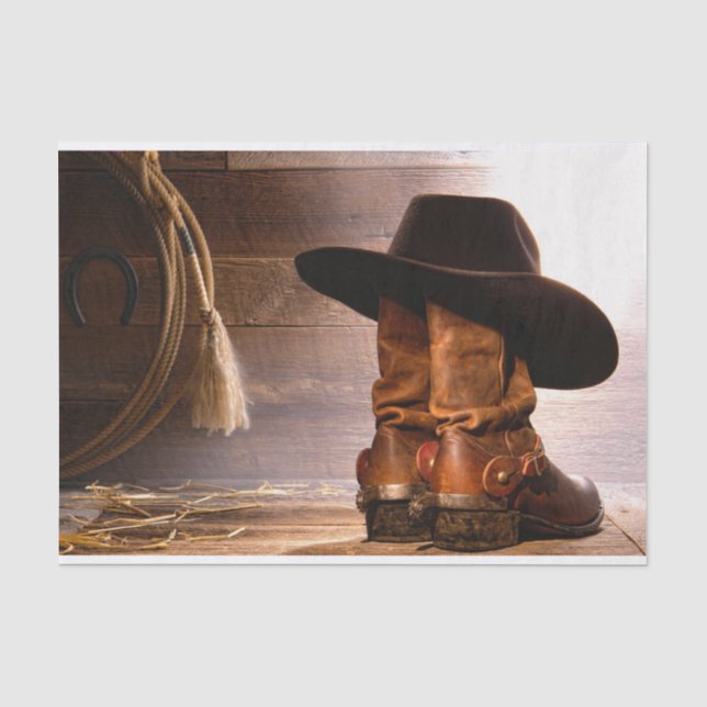 hölzerne Cowboystiefel der Westernlandbraunscheune Seidenpapier (Vorderseite)