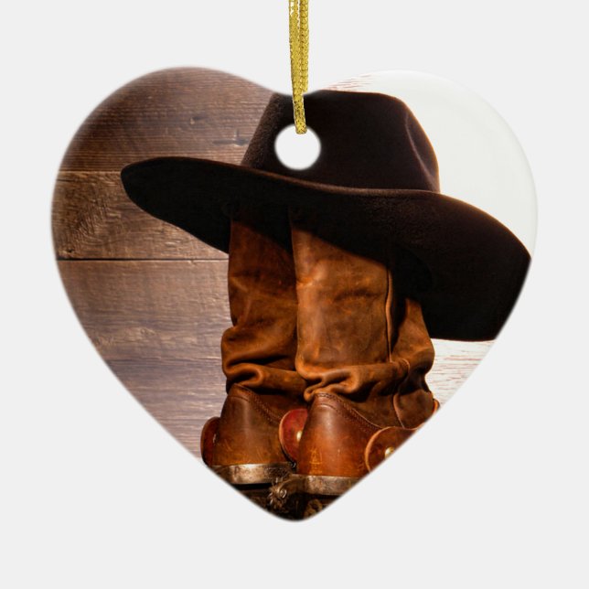 hölzerne Cowboystiefel der Westernlandhutscheune Keramik Ornament (Vorne)