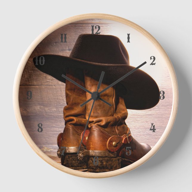 hölzerne Cowboystiefel der Westernlandhutscheune Wanduhr (Vorderseite)
