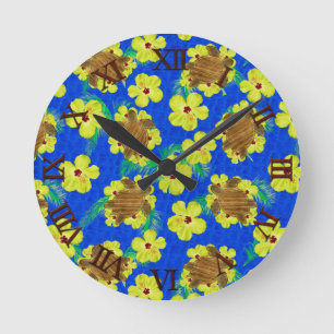 Hölzerne Honu und Hibiskus-Blumen Runde Wanduhr