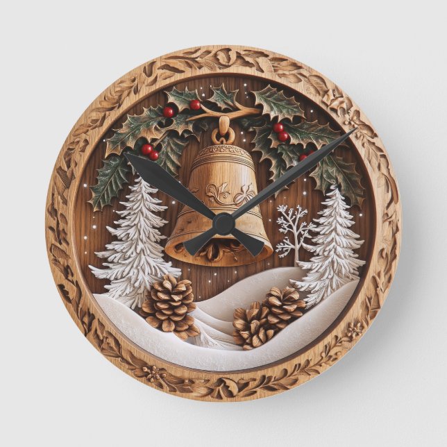Hölzerne Winterglocke, handgefertigte KI-Designuhr Runde Wanduhr (Vorderseite)