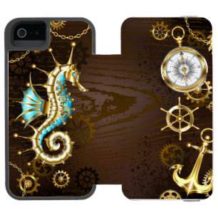 Hölzerner Hintergrund mit mechanischem Seepferd Incipio Watson™ iPhone 5 Geldbörsen Hülle