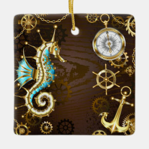 Hölzerner Hintergrund mit mechanischem Seepferd Keramikornament