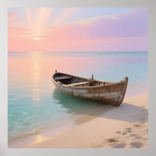 Hölzernes Boot Tropischer Sonnenuntergang Strand Poster