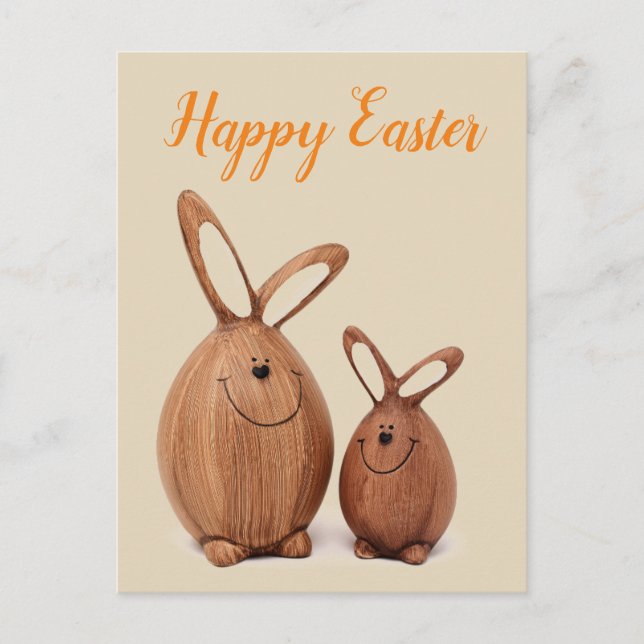 Hölzernes niedliches Osterkaninchen Feiertagspostkarte (Vorderseite)