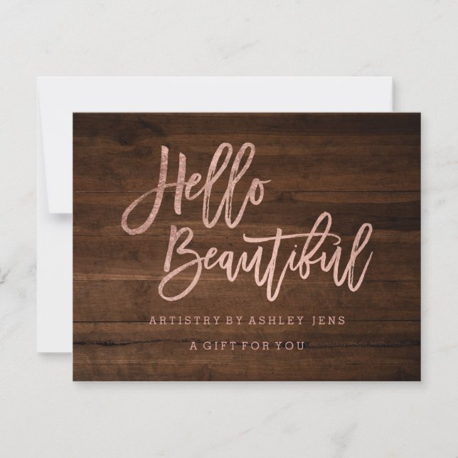 Hölzernes Rosengold des Geschenkzertifikats hallo Einladung (Vorderseite)