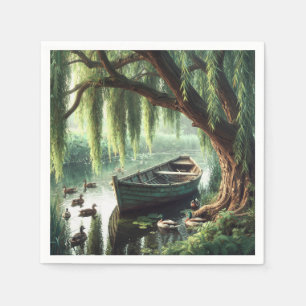 Hölzernes Ruderboot unter einer Weide Serviette