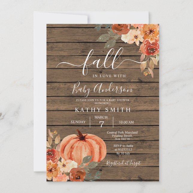 Holzfall in Liebe Boho Floral Pumpkin Baby Dusche Einladung (Vorderseite)