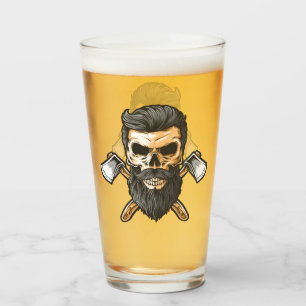 Holzfäller Bartschädel gekreuzte Äxte Bier Glas