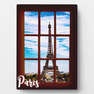 Holzfenster mit Blick auf den Eiffelturm, Paris Fotoplatte