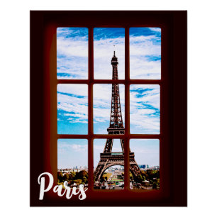 Holzfenster mit Blick auf den Eiffelturm, Paris Poster