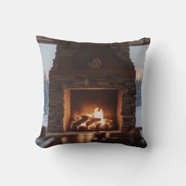 Holzfeuer in einem Kamin. Kissen (Vorderseite)
