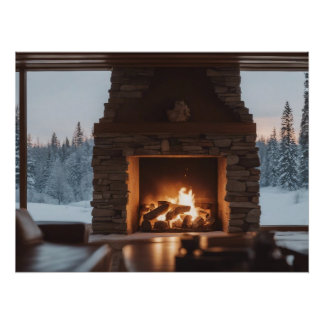 Holzfeuer in einem Kamin. Poster