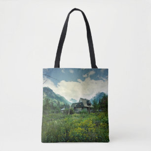 Holzhaus, Berglandschaft. Tasche