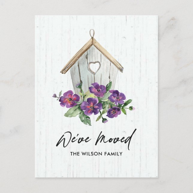 HOLZHAUS MIT WEISSER BLUMENBLUME BEWEGT NEUE ADRES ANKÜNDIGUNGSPOSTKARTE (Vorderseite)