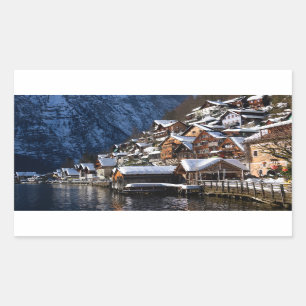 Holzhäuser am See in Hallstatt, Österreich Rechteckiger Aufkleber